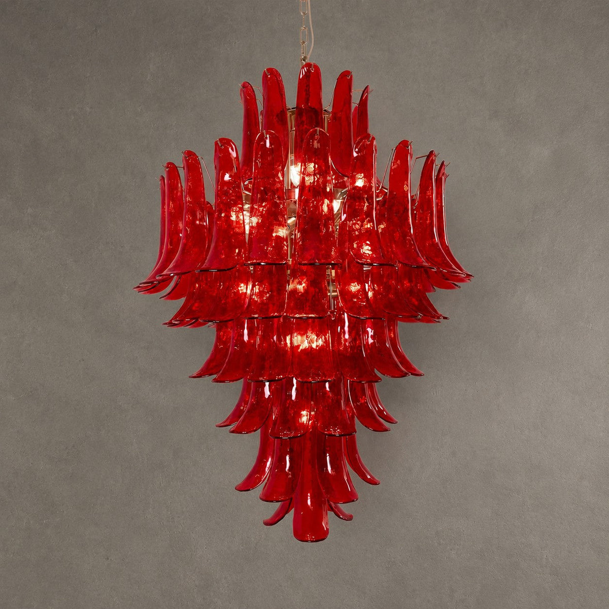 Chandelier  Glass Crimson Cascade Hand-Blown Murano-Style Seven-Tier Chrome