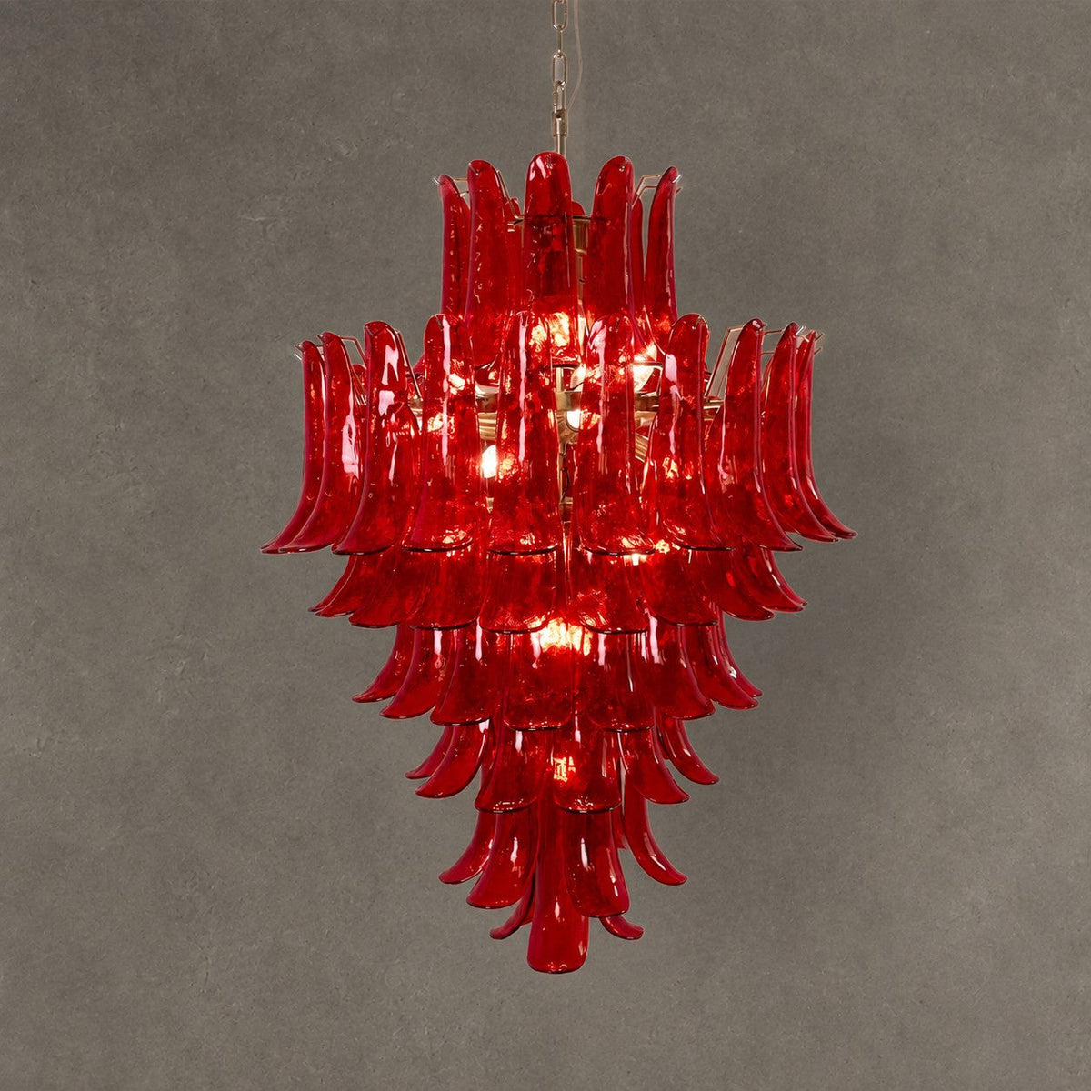 Chandelier  Glass Crimson Cascade Hand-Blown Murano-Style Seven-Tier Chrome