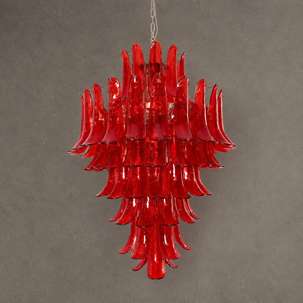 Chandelier  Glass Crimson Cascade Hand-Blown Murano-Style Seven-Tier Chrome