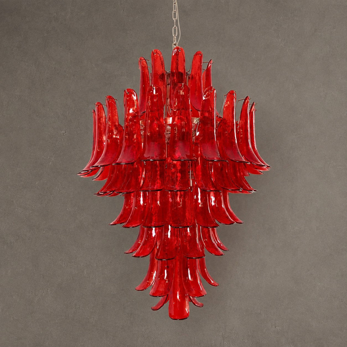 Chandelier  Glass Crimson Cascade Hand-Blown Murano-Style Seven-Tier Chrome