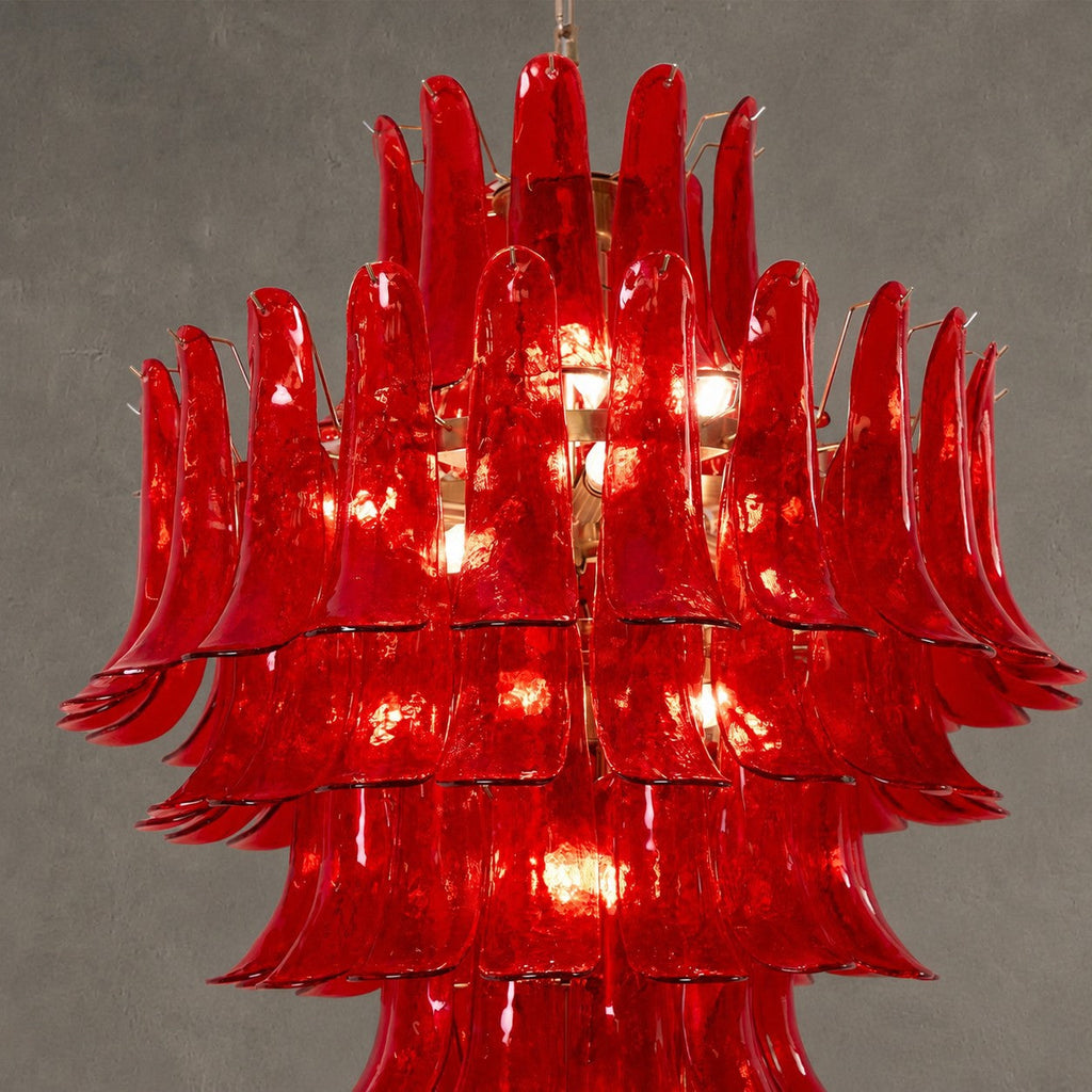 Chandelier  Glass Crimson Cascade Hand-Blown Murano-Style Seven-Tier Chrome