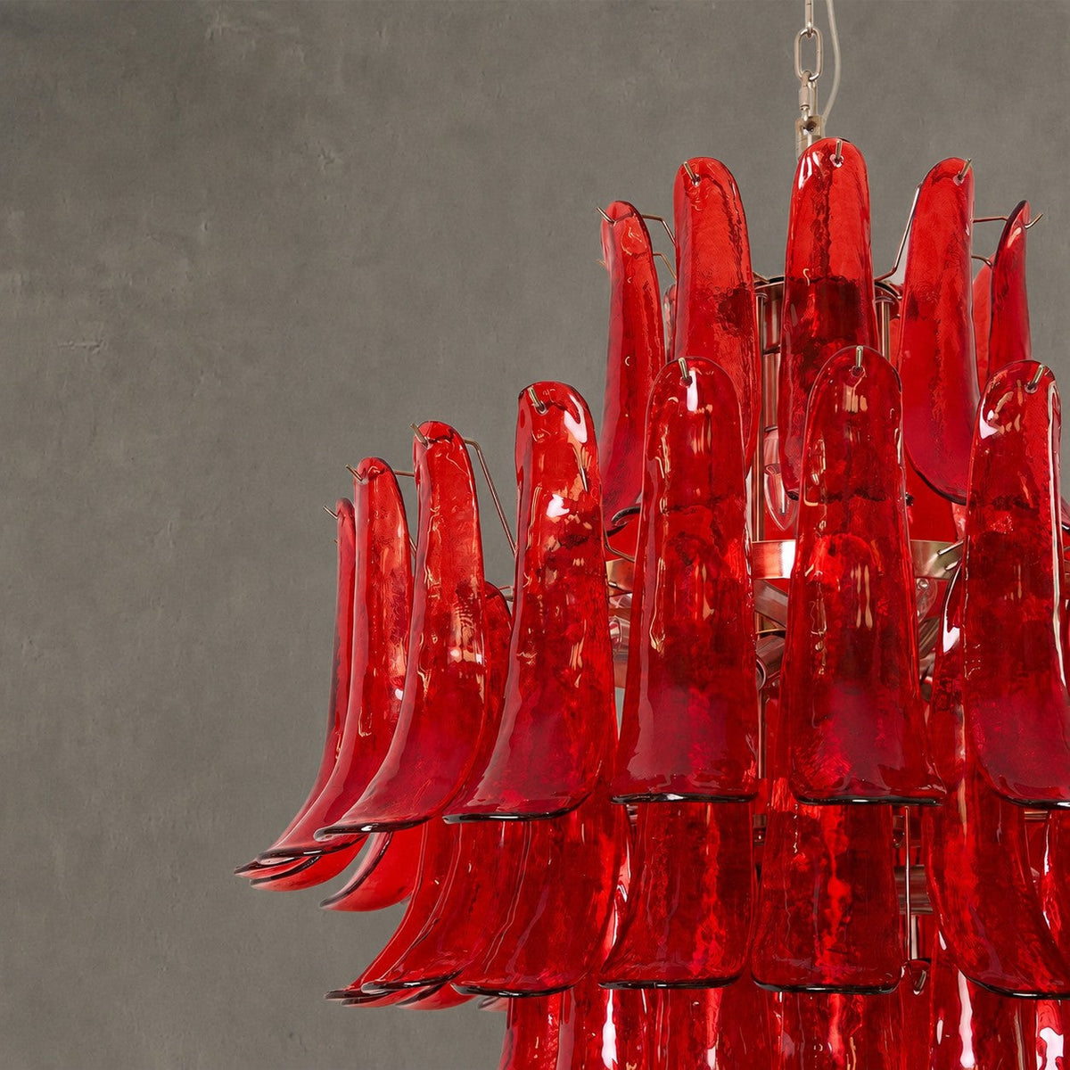 Chandelier  Glass Crimson Cascade Hand-Blown Murano-Style Seven-Tier Chrome