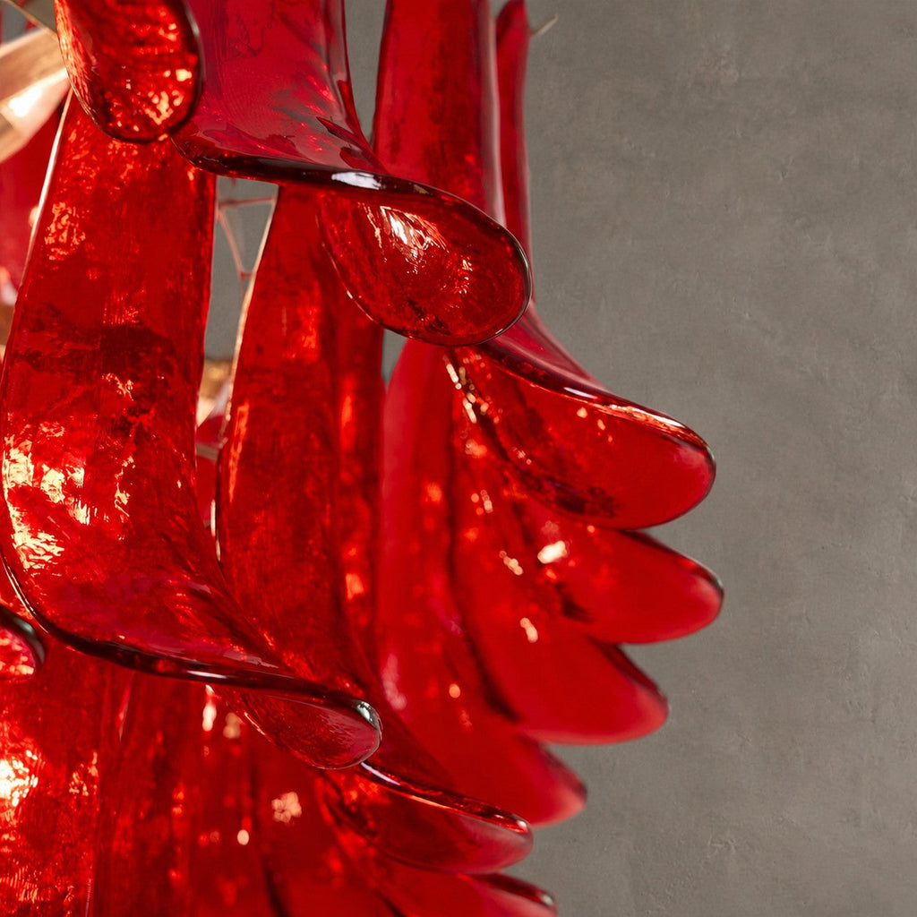 Chandelier  Glass Crimson Cascade Hand-Blown Murano-Style Seven-Tier Chrome