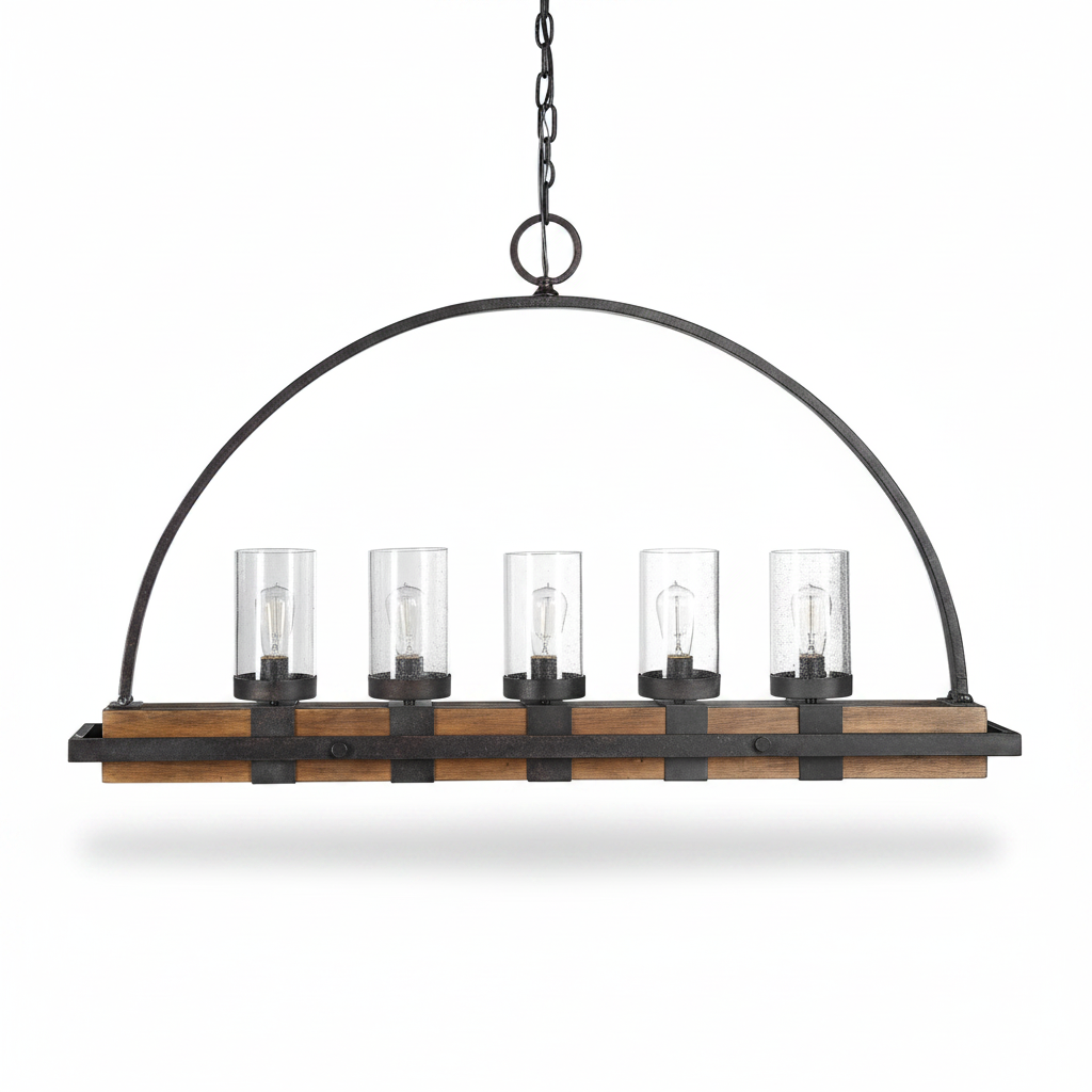 Atwood Wood Industrial Five Light Island Pendant