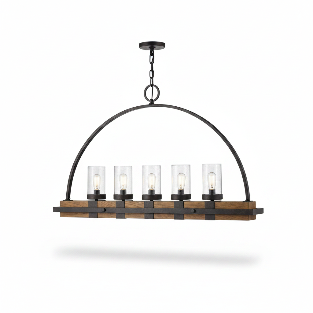 Atwood Wood Industrial Five Light Island Pendant