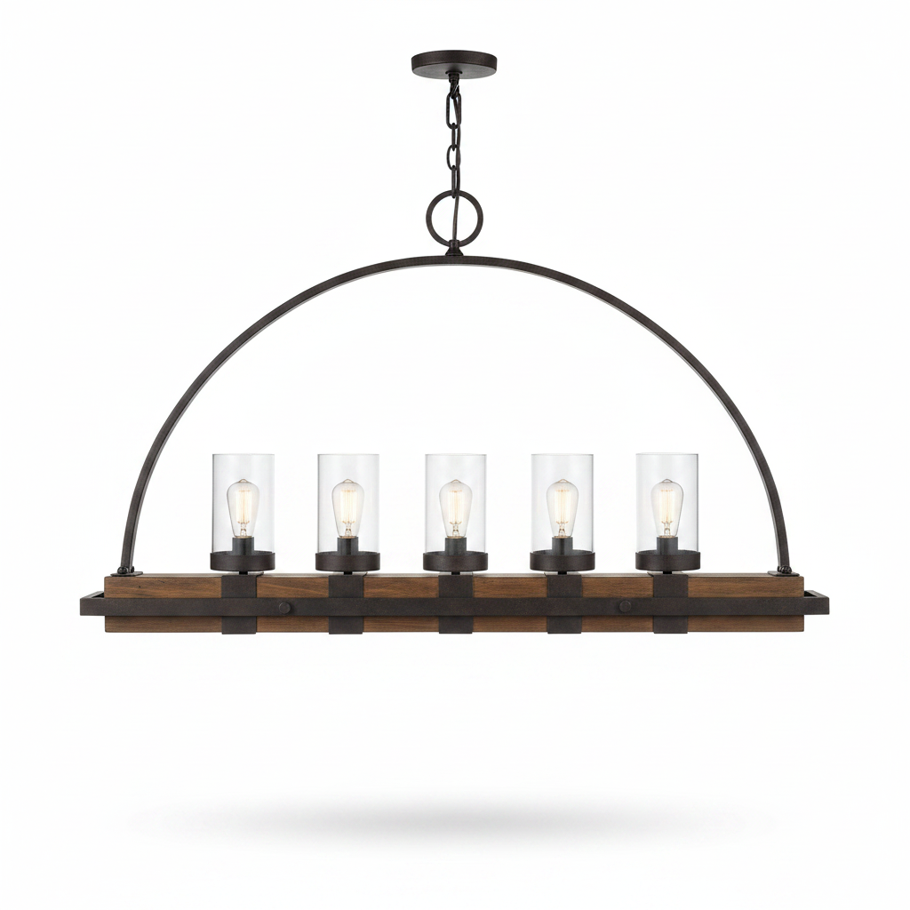 Atwood Wood Industrial Five Light Island Pendant