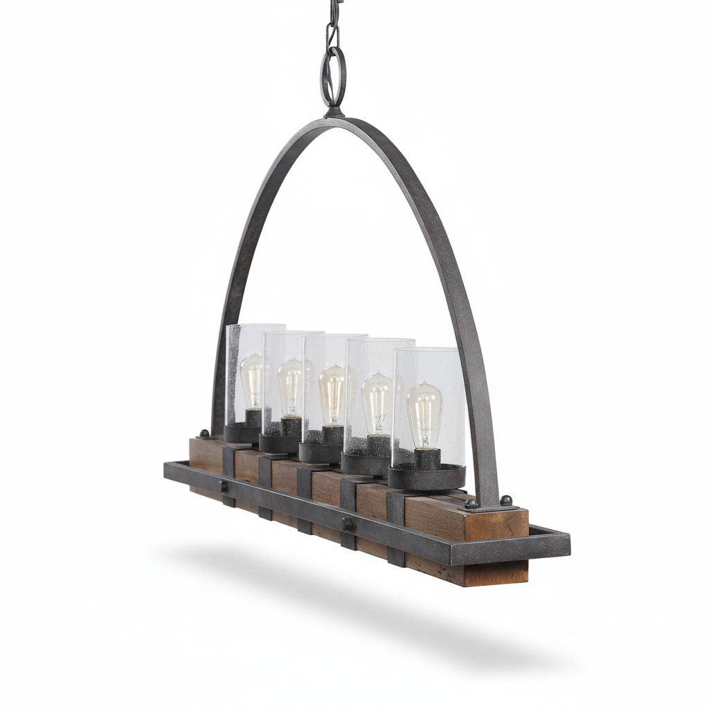 Atwood Wood Industrial Five Light Island Pendant