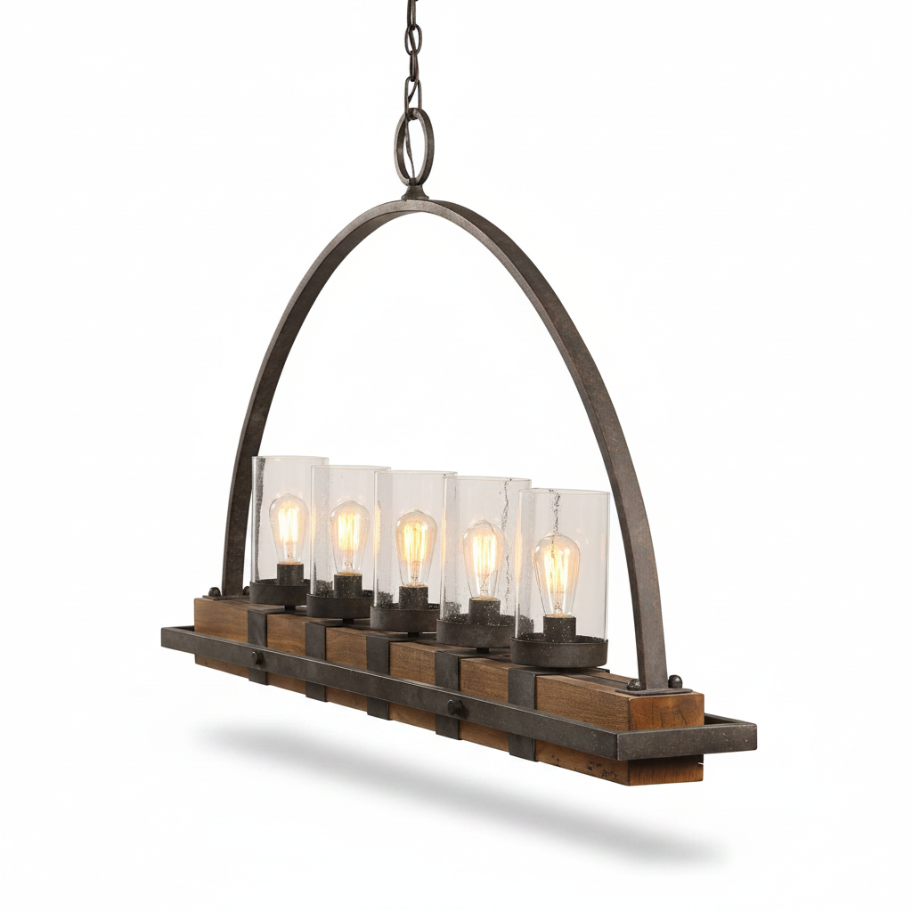 Atwood Wood Industrial Five Light Island Pendant