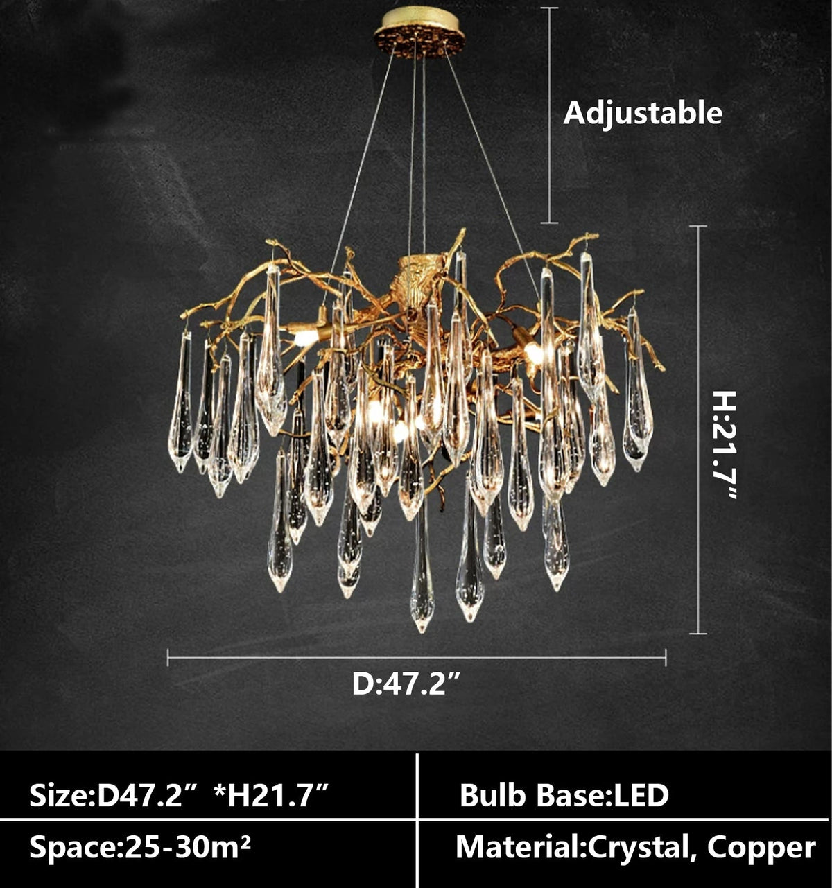 Branch Crystal Drops Chandelier in French Style with Copper Gold Finish for Dining and Living Room Ceiling