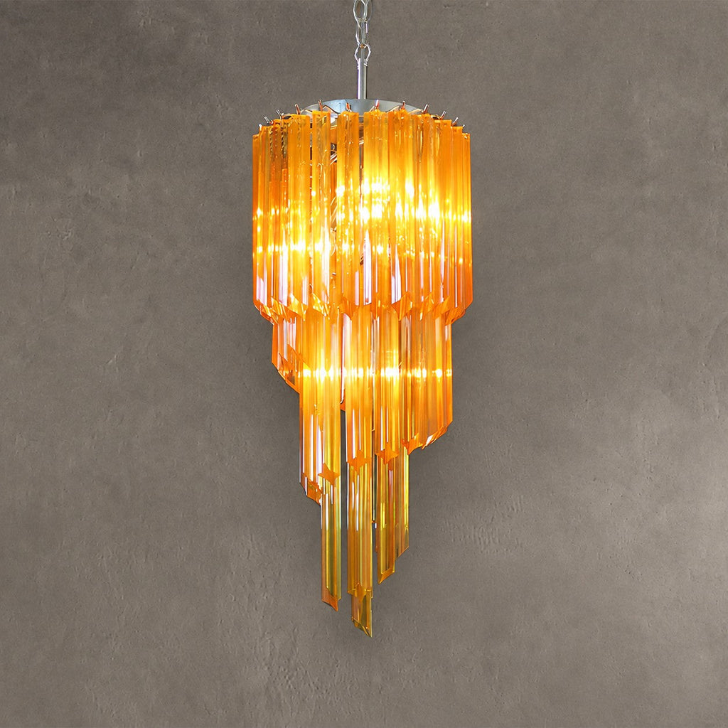 Chandelier  Spiral Prism Glass Hand-Cut Faceted Prisms Nickel Frame Pink Amber
