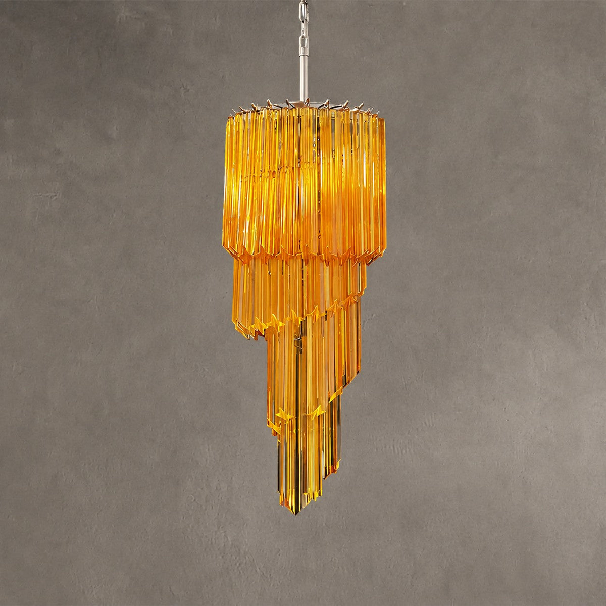 Chandelier  Spiral Prism Glass Hand-Cut Faceted Prisms Nickel Frame Pink Amber