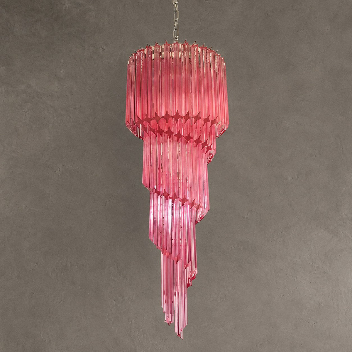 Chandelier  Spiral Prism Glass Hand-Cut Faceted Prisms Nickel Frame Pink Amber