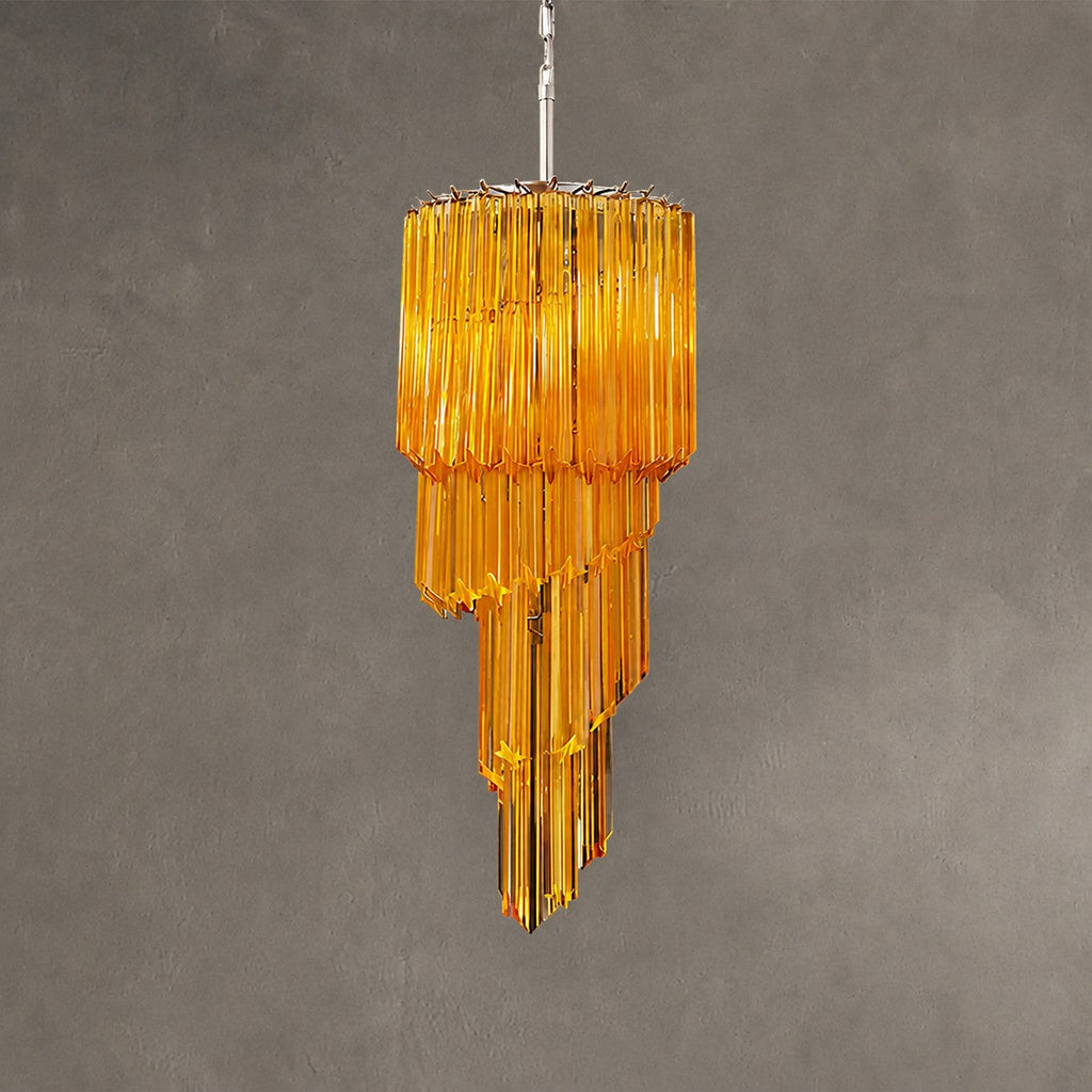 Chandelier  Spiral Prism Glass Hand-Cut Faceted Prisms Nickel Frame Pink Amber