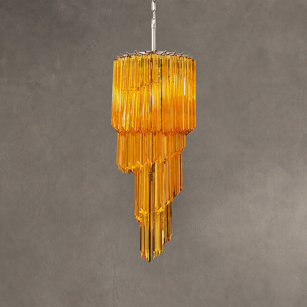 Chandelier  Spiral Prism Glass Hand-Cut Faceted Prisms Nickel Frame Pink Amber