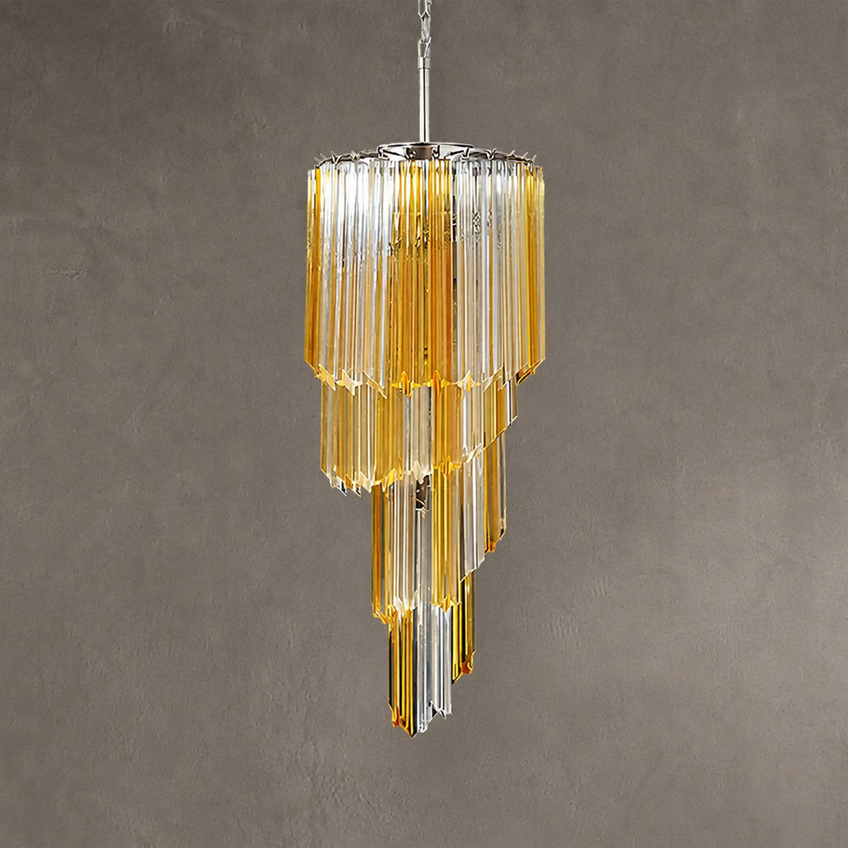 Chandelier  Spiral Prism Glass Hand-Cut Faceted Prisms Nickel Frame Pink Amber