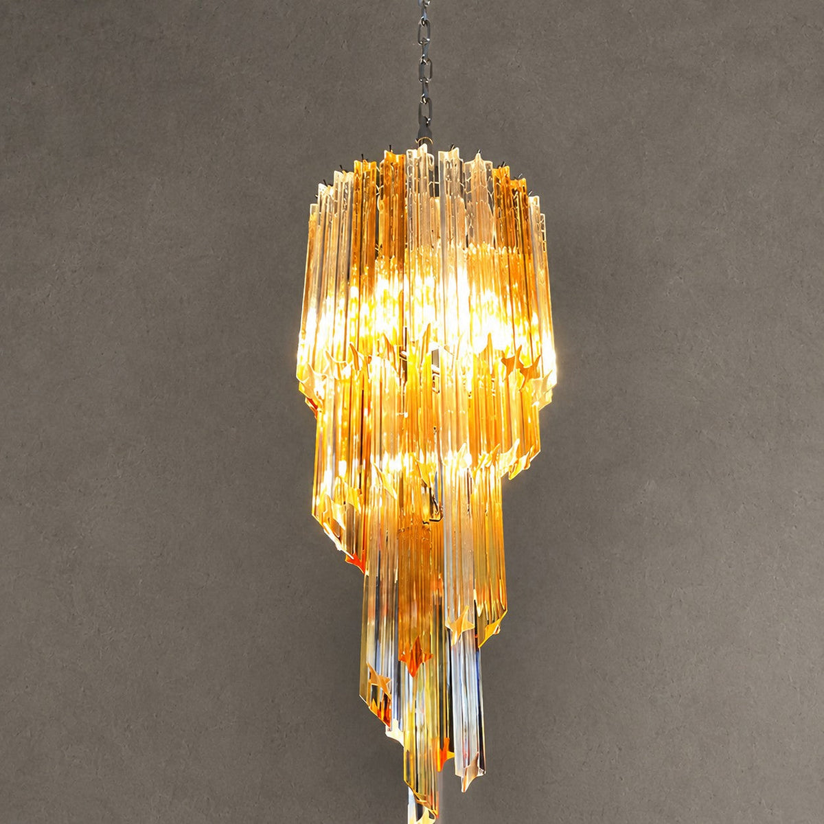 Chandelier  Spiral Prism Glass Hand-Cut Faceted Prisms Nickel Frame Pink Amber