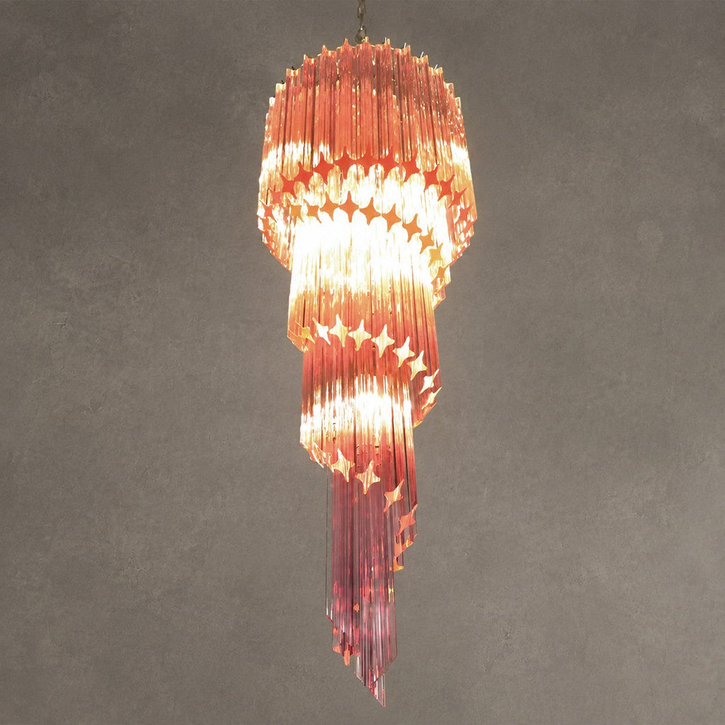 Chandelier  Spiral Prism Glass Hand-Cut Faceted Prisms Nickel Frame Pink Amber