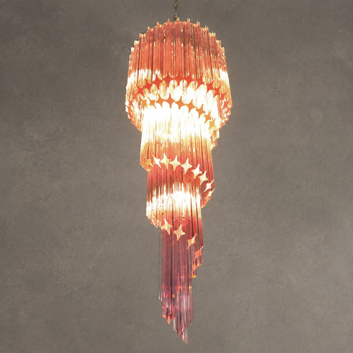 Chandelier  Spiral Prism Glass Hand-Cut Faceted Prisms Nickel Frame Pink Amber