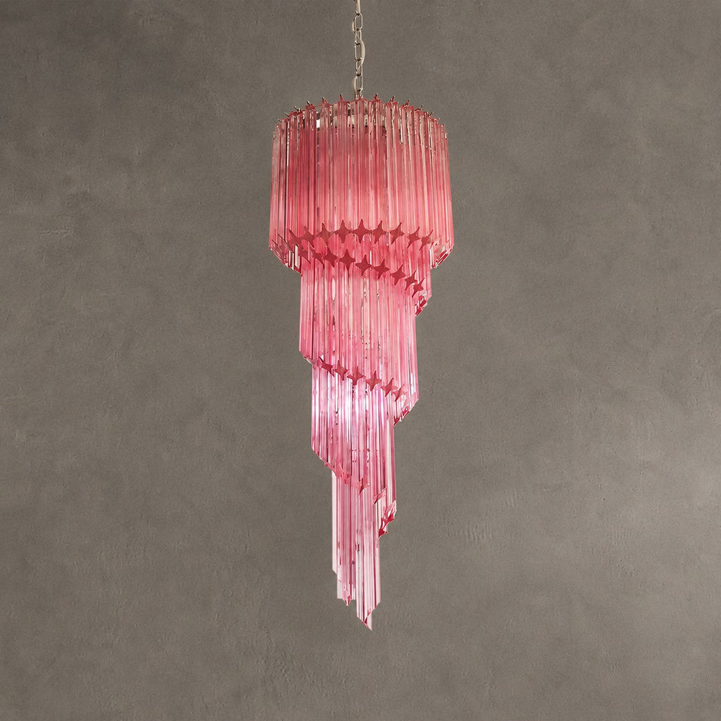Chandelier  Spiral Prism Glass Hand-Cut Faceted Prisms Nickel Frame Pink Amber