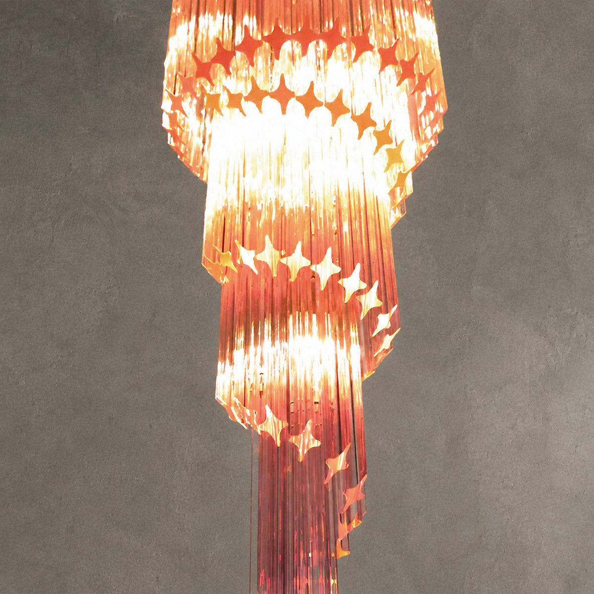 Chandelier  Spiral Prism Glass Hand-Cut Faceted Prisms Nickel Frame Pink Amber