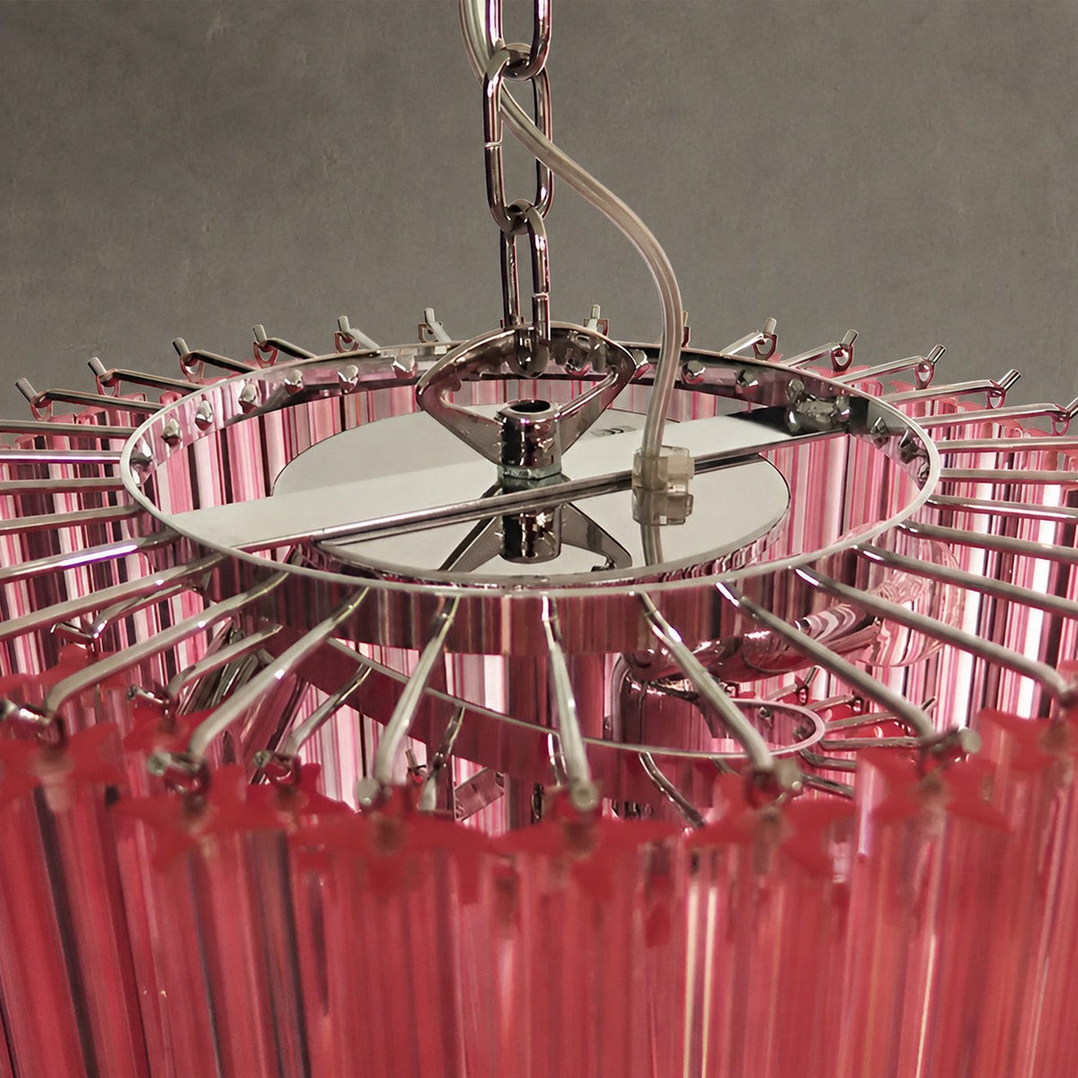 Chandelier  Spiral Prism Glass Hand-Cut Faceted Prisms Nickel Frame Pink Amber