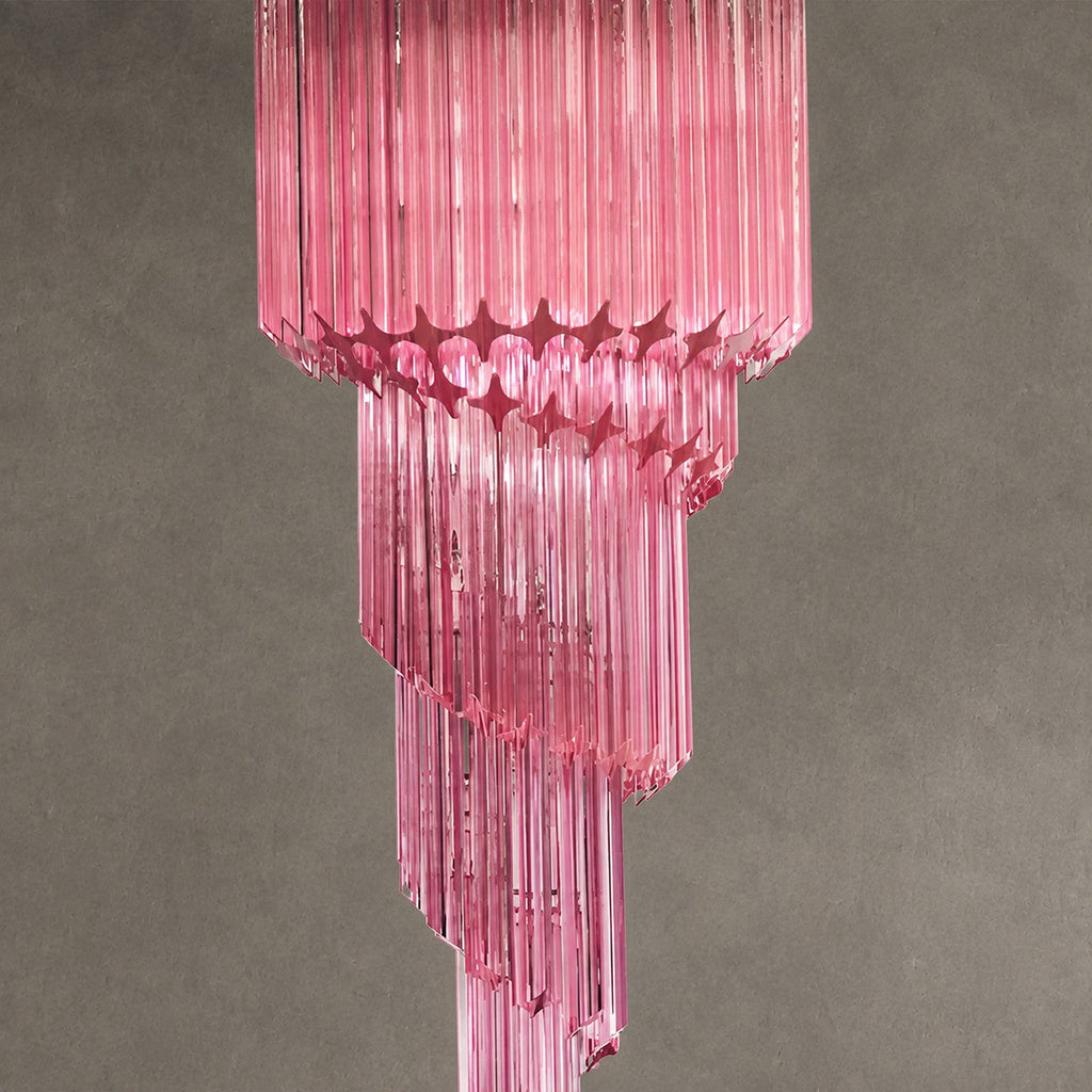 Chandelier  Spiral Prism Glass Hand-Cut Faceted Prisms Nickel Frame Pink Amber