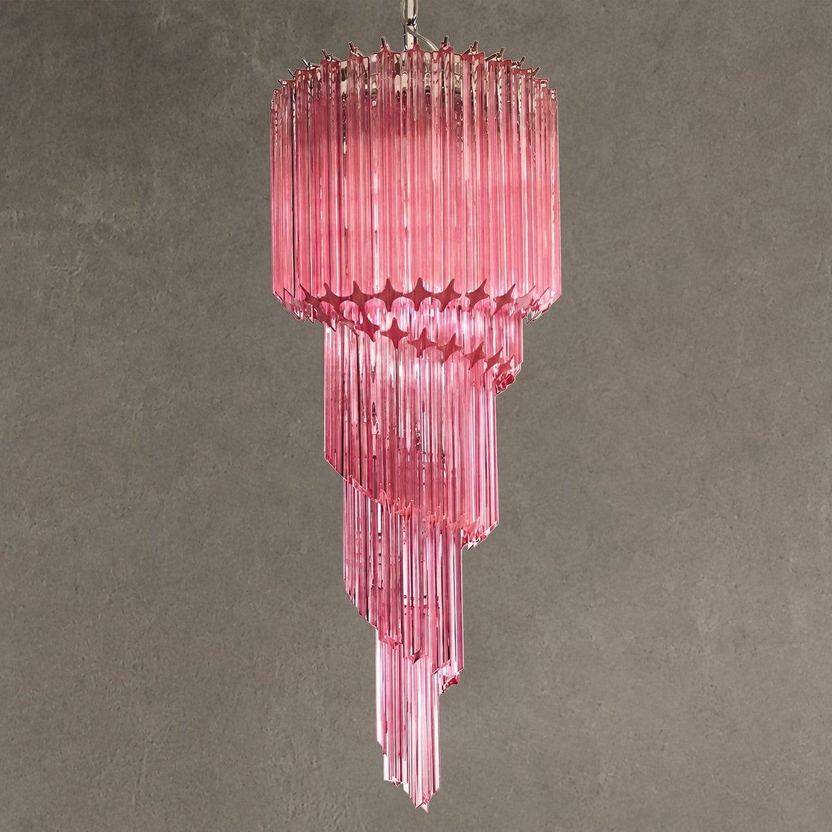 Chandelier  Spiral Prism Glass Hand-Cut Faceted Prisms Nickel Frame Pink Amber