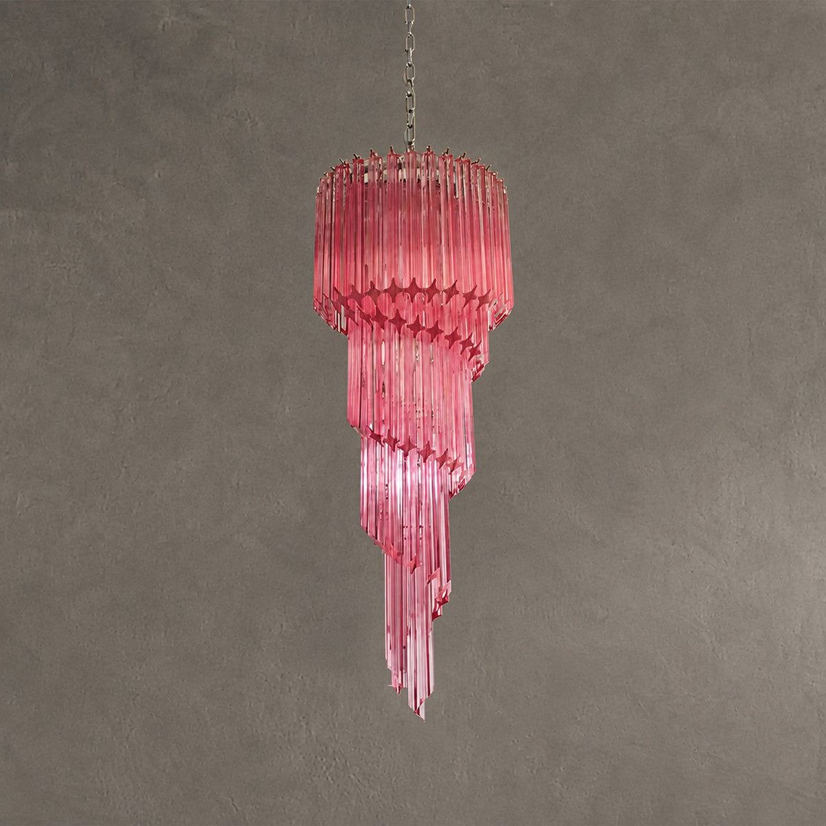 Chandelier  Spiral Prism Glass Hand-Cut Faceted Prisms Nickel Frame Pink Amber