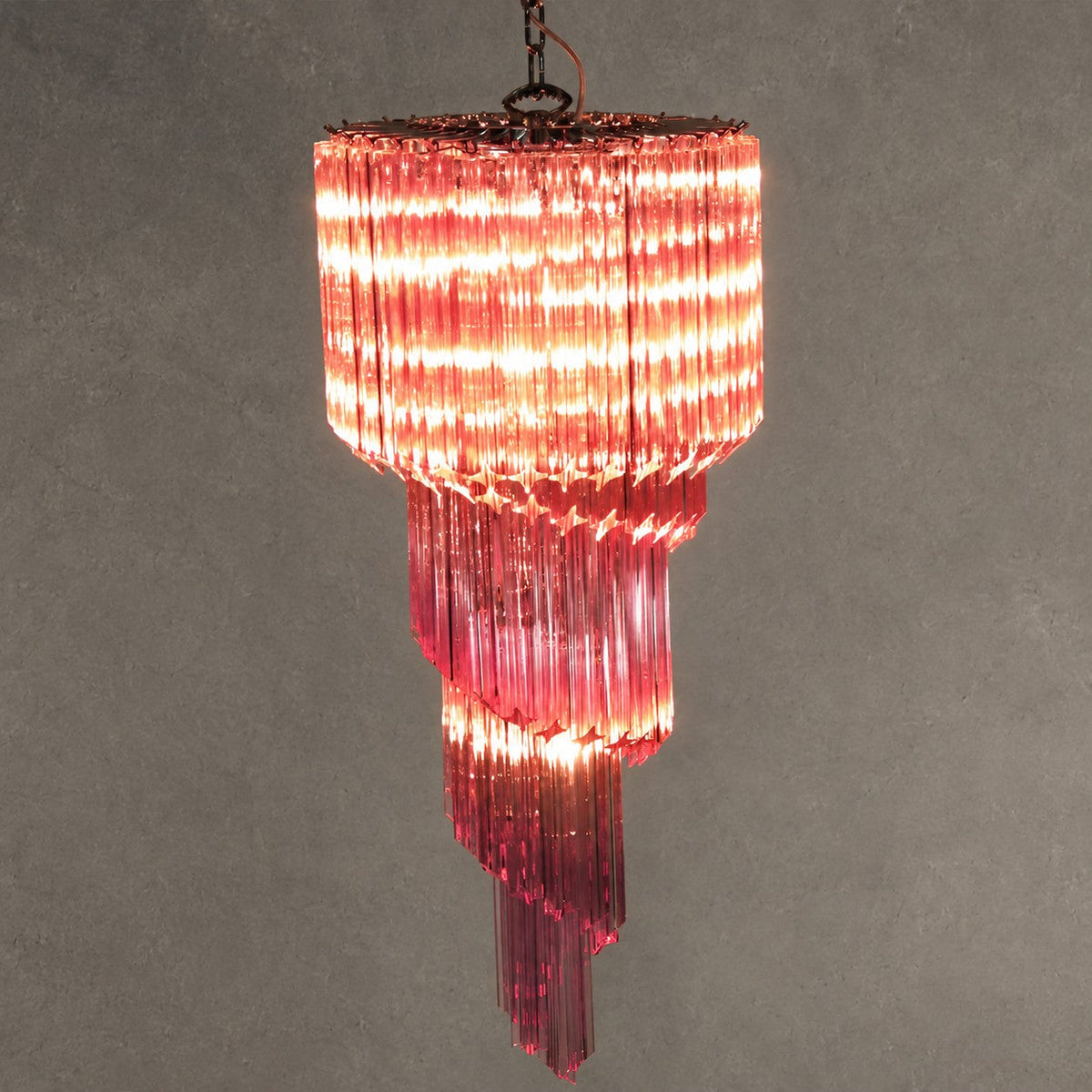 Chandelier  Spiral Prism Glass Hand-Cut Faceted Prisms Nickel Frame Pink Amber
