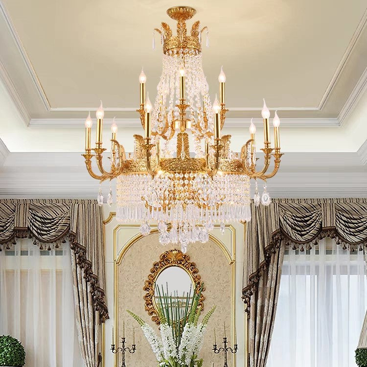  Large Oversized Luxury Golden Metal Brass  Candle Crystal Tassel Chandelier  For High-ceiling Staircase/Entryway/Hallway/Living/Meeting Room